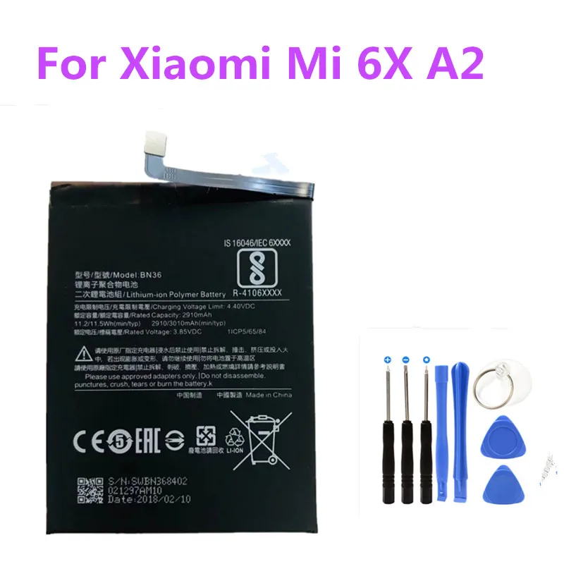 

BN36 Phone Replacement Battery 2910/3010mAh Built-in Bateria For Xiaomi Mi 6X A2 Mi6X MiA2 + Free Tools