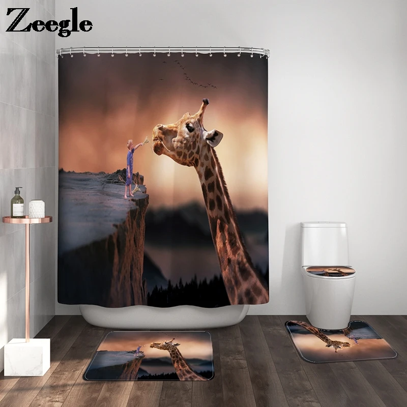 3D Animal Series Bathroom Set Absorbent Bath Mat Bathroom Rug with Shower Curtain Non-slip Bathroom Toilet U-Shaped Floor Mats