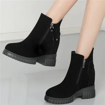 

Fashion Sneakers Women Black Genuine Leather High Heel Ankle Boots Female Round Toe Platform Pumps Shoes Casual Shoes Creepers