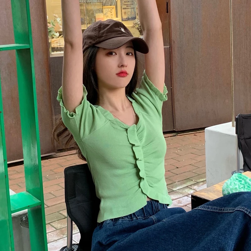 

Женские футболки, топы в японском стиле Kawaii Ulzzang, Однотонная футболка в стиле ретро с пышными рукавами, Женская Корейская одежда Harajuku для женщин