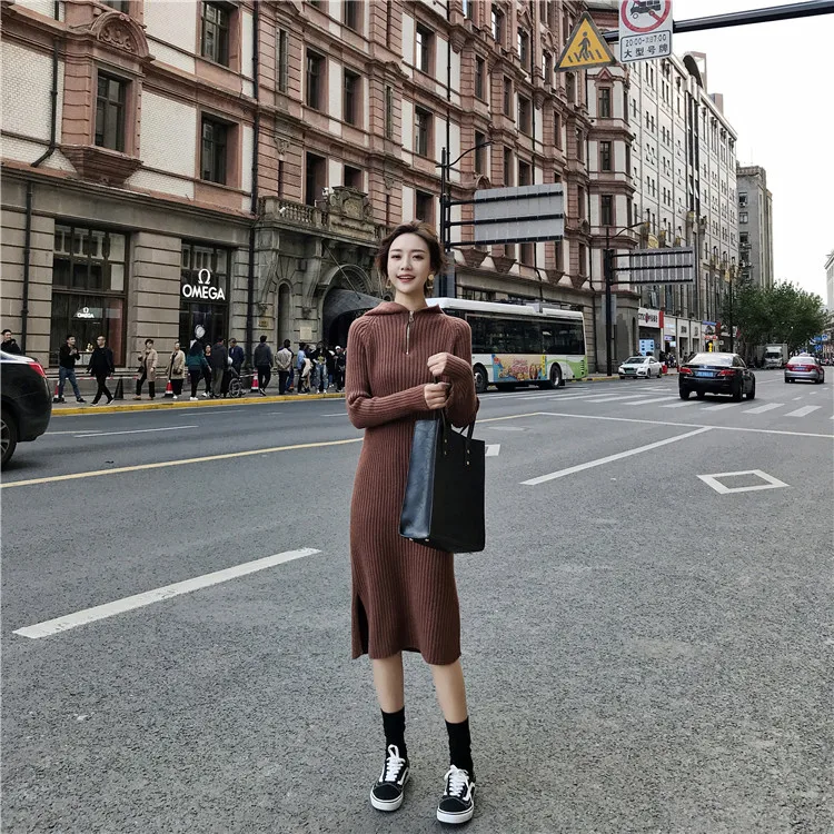 

2019 New Style Autumn And Winter Hooded Pullover Mid-length Sweater Dress Solid Color Knit Base Dress