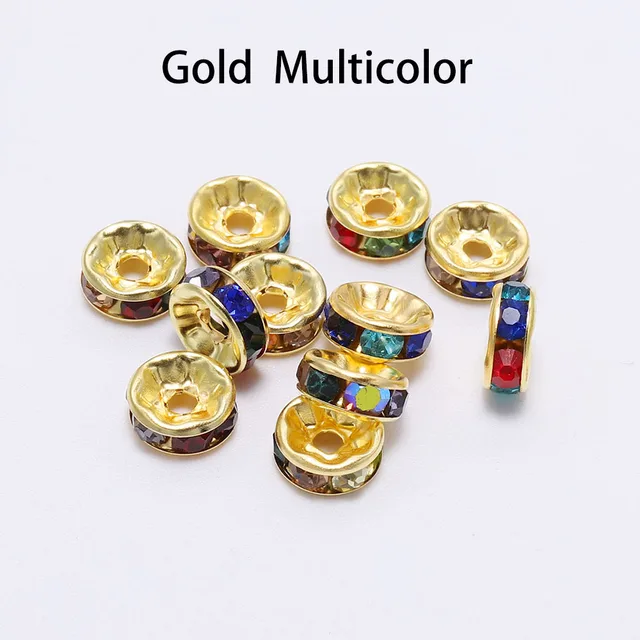 50pcs/lot 4 6 8 10mm Gold  Rhinestone Rondelles Crystal Bead Loose Spacer Beads for DIY Jewelry Making Accessories Supplie Gold Multicolor