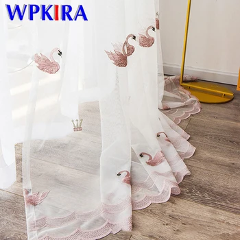 

Pink Swan Embroidered Tulle Curtain for Kids Girls Bedroom Nordic Ins Style Window Screen for Living room Drapes Finished