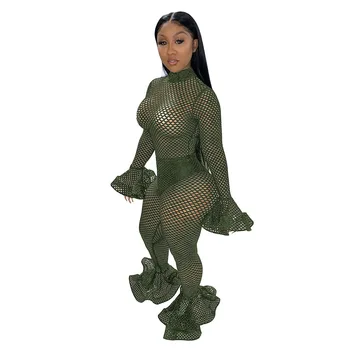 

XURU Europe and The United States Autumn Sexy Long-sleeved Jumpsuit Hollow Solid Color Long Pencil Mesh Jumpsuit