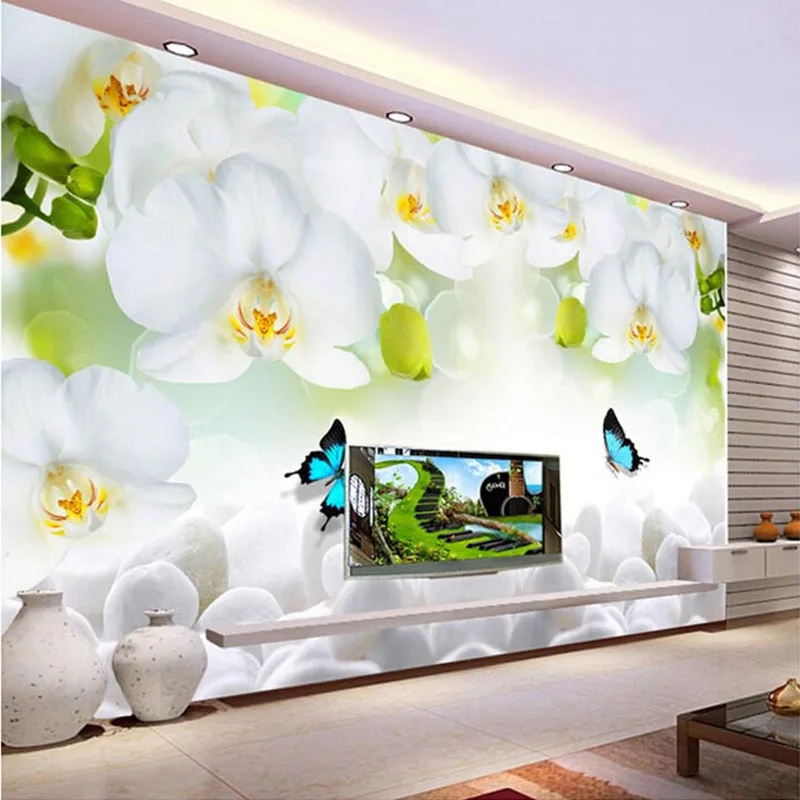 

Dropship 3D Custom Mural Photo Wallpaper White Orchid Butterfly Flowers Wall Papers Murals TV Sofa Background Papel De Parede
