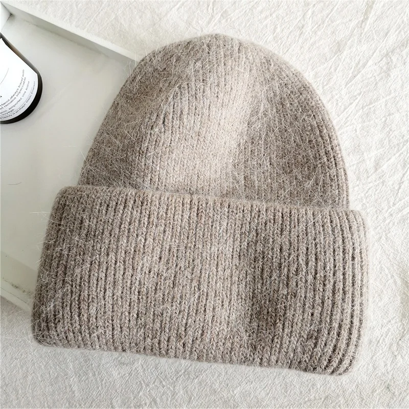 Winter Real Rabbit Fur Knitted Beanies For Women Fashion Solid Warm Cashmere Wool Skullies Beanies Female Three Fold Thick Hats