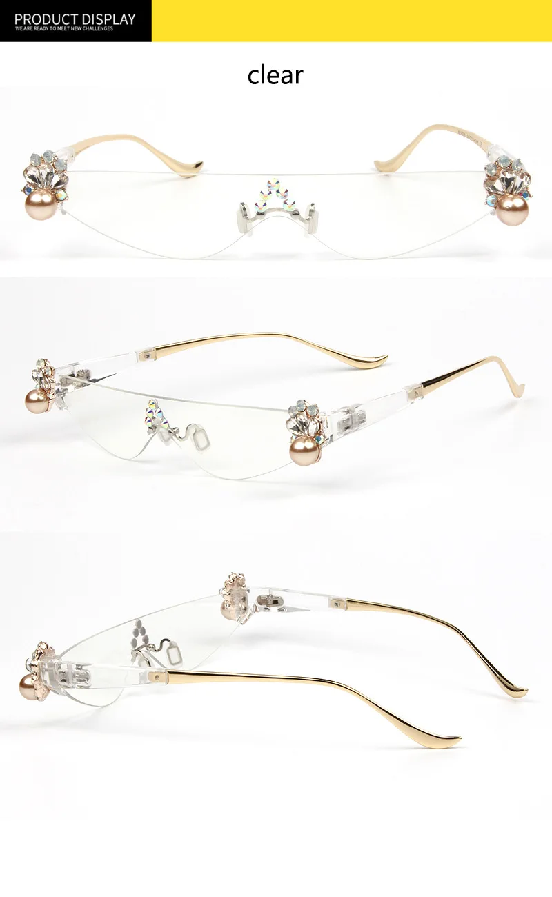 Роскошные Винтажные Солнцезащитные очки с кошачьим глазом, украшенные бриллиантами и жемчугом, треугольные солнцезащитные очки без оправки, солнцезащитные очки со стразами для женщин, женские очки