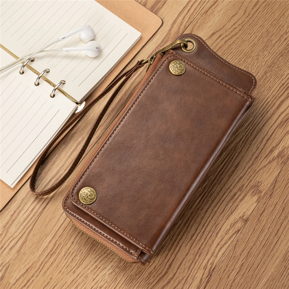 Luxury Leather Zipper Wallet Handbag Case for OnePlus 7 Pro Multi-Functional Detachable Flip Card Slot Magnetic Cover