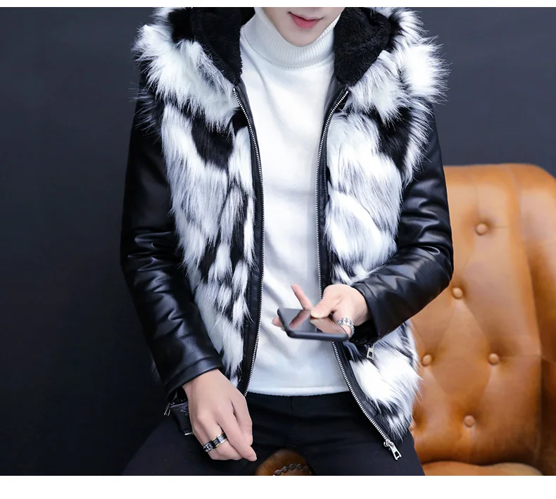 Мужская имитация меха одна индивидуальность красивый кожаный с капюшоном Молодежный зимний с бархатом с толстой кожаной курткой