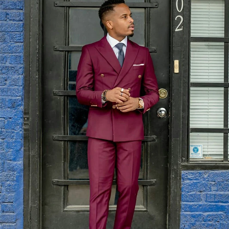 Leader of the Beauty Double Breasted Groom Tuxedos Mens Burgundy Suits with Black Pants Business Blazer 