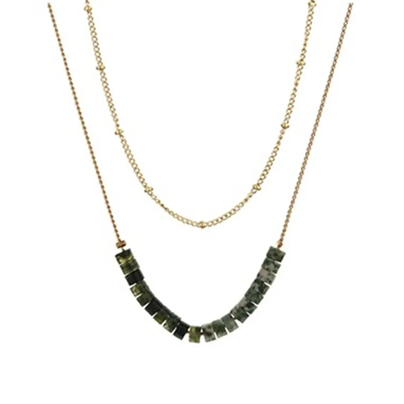

2022 New Fashion Women Retro Green Stone Double Layer Beads Chain Necklace Women Sexy Party Stainless Steel Necklace Accessories