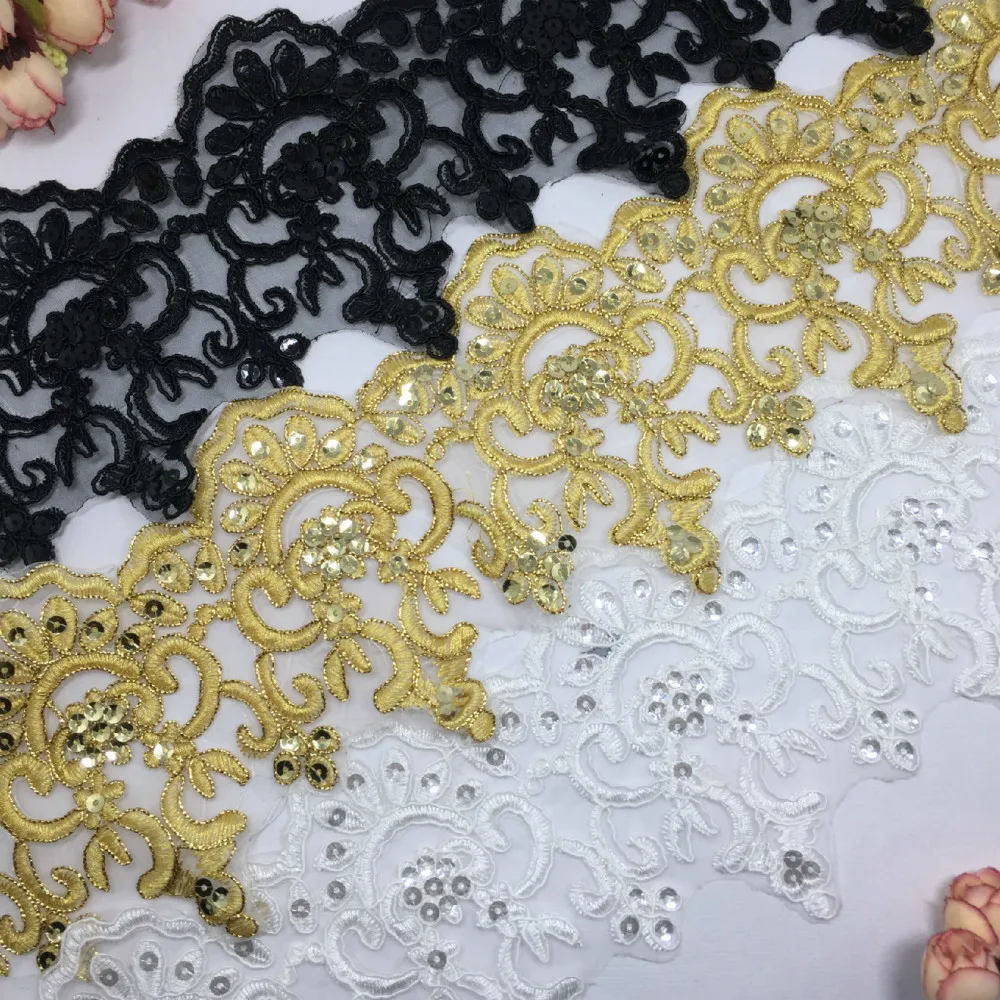 

Gold Black White Embroidered car bone lace Fabric For Wedding Sequin Mesh Lace Fabric 1/2/5Yard
