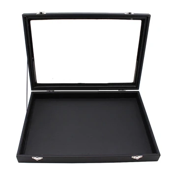 

Big PU Black Carrying Case with Glass Cover Jewelry Ring Display Box Tray Holder Storage Box Organizer Earrings Ring Bracelet Bo