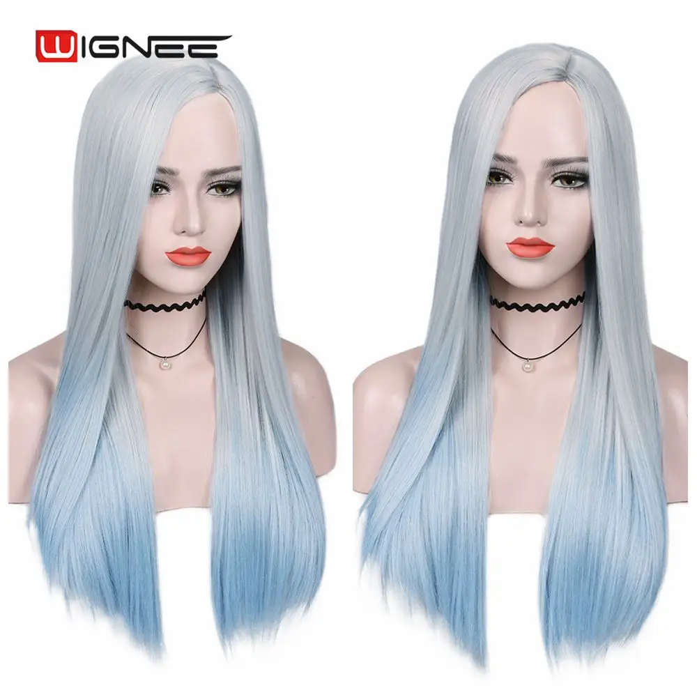 Wignee-peruca longa sintética, cabelo branco a azul,