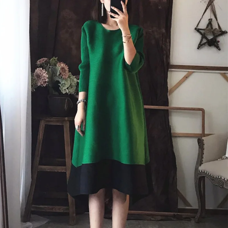 Повседневная складчатая одежда Miyake Fold лоскутное ТРАПЕЦИЕВИДНОЕ свободное платье Новая мода до колена три четверти рукав сплошное винтажное платье