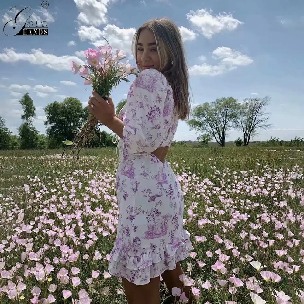 Сексуальные вечерние платья с золотыми ручками и фиолетовым принтом, женские летние платья на шнуровке с оборками, уличная одежда, новая мода