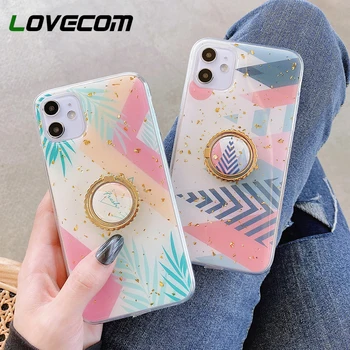 

LOVECOM Geometric Leaf Gold Foil Phone Case For iPhone 11 Pro Max XR XS Max 7 8 6 6S Plus X Soft Epoxy Ring Stand Back Cover