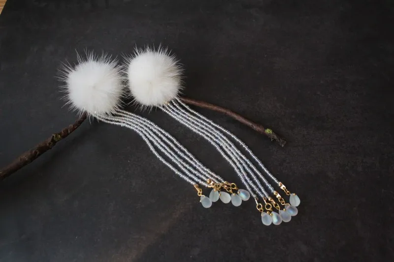 Ручной работы белый hairball бисером Длинная кисточка винтажная резинка заколка для волос Косплей hanfu kinomi аксессуары для волос