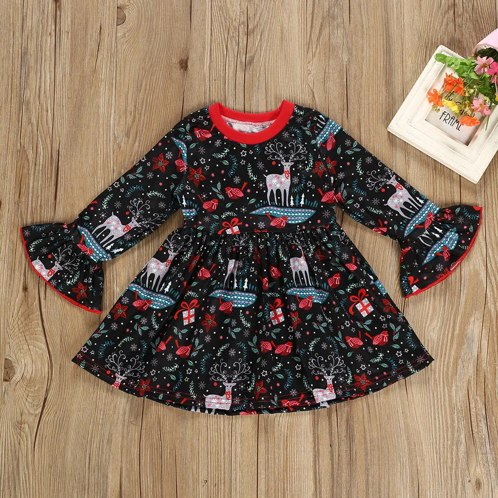 Платья для девочек детское праздничное платье принцессы с длинными рукавами и рисунком для маленьких девочек Хлопковое рождественское модное платье для девочек C840