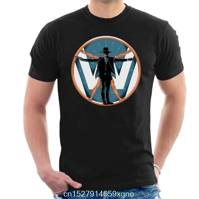 Забавная Футболка с принтом 2020 Мужская футболка надписью Vitruvian Man In Black Westworld