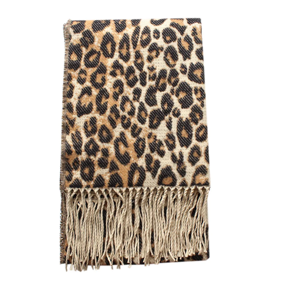 Bohisen winter accessories Woman's Fashion Leopard Print knitting Scarf Soft Warm Large Size with Tassel Ornaments Scarf Shawl - Цвет: Бежевый