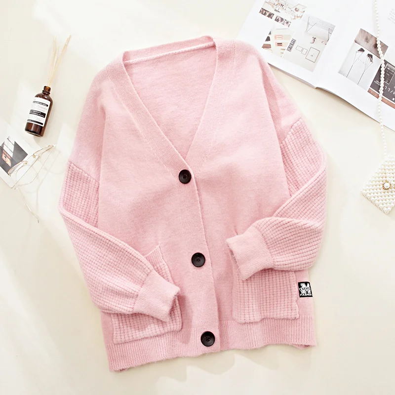 Pink Женский кардиган вязаный свитер с карманом осенний модный однобортный свободный зимний свитер женский - Цвет: Pink