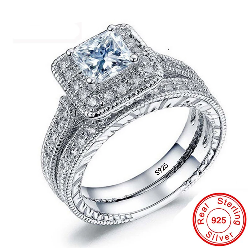 

Vintage Women CZ Ring Set Luxury 925 sterling Silver Jewelry Wedding Rings Band Promise Engagement Rings For Women Bridal Gift