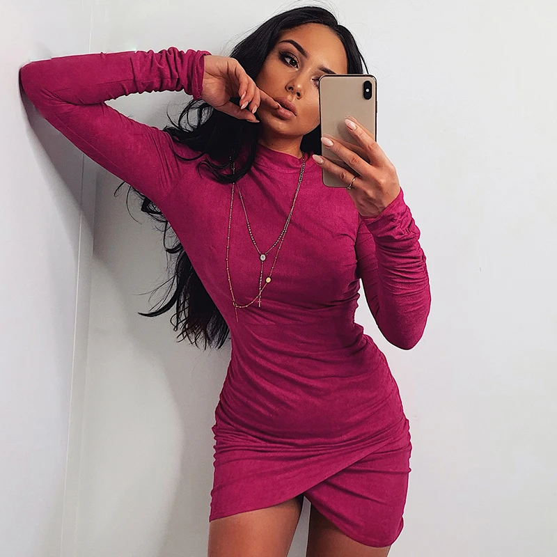 InstaHot элегантный однотонный с рюшами платье СО СТОЯЩИМ воротником и длинными рукавами, тонкие, обтягивающие, Asymmetic Повседневное Винтаж вечерние осень-зима платье