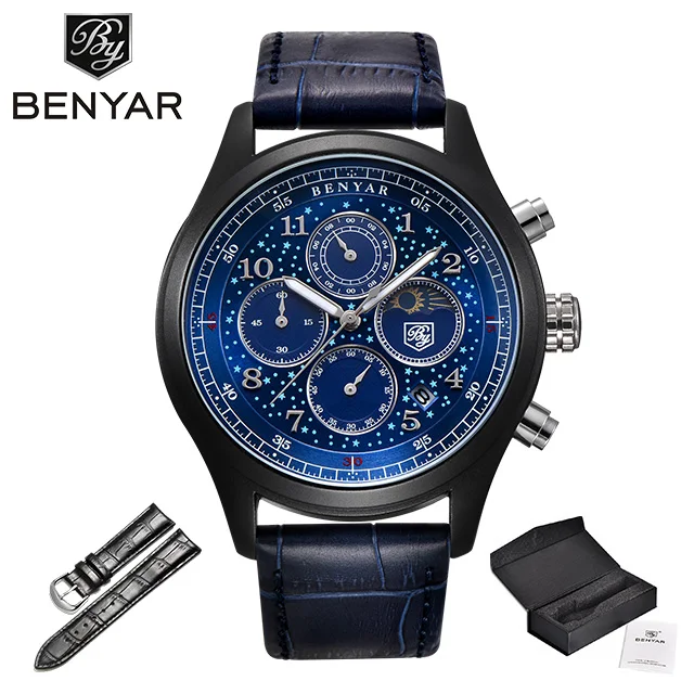 Новые мужские часы BENYAR спортивные часы с хронографом для мужчин Топ люксовый бренд наручные часы для мужчин s Модные кожаные часы Relogio Masculino - Цвет: Black blue-L