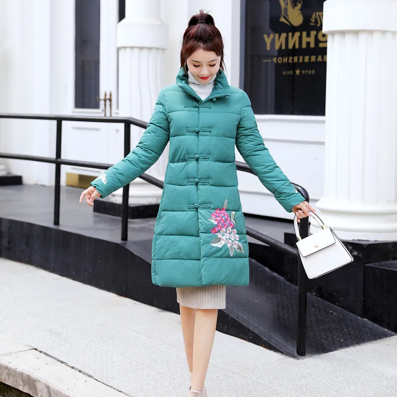

China Ethnic-Style Embroidered Cotton-padded Clothes Women's Winter 2019 New Style Retro Frog Mid-length Stand Collar Cotton-pad