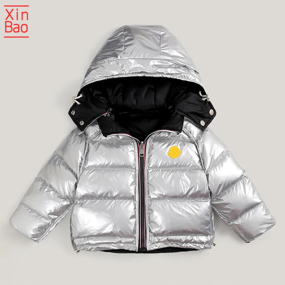 XINBAO/ г., двусторонняя зимняя куртка для девочек Детская водонепроницаемая одежда толстая бархатная куртка с капюшоном теплое пальто, парка верхняя одежда для мальчиков - Цвет: black and silver