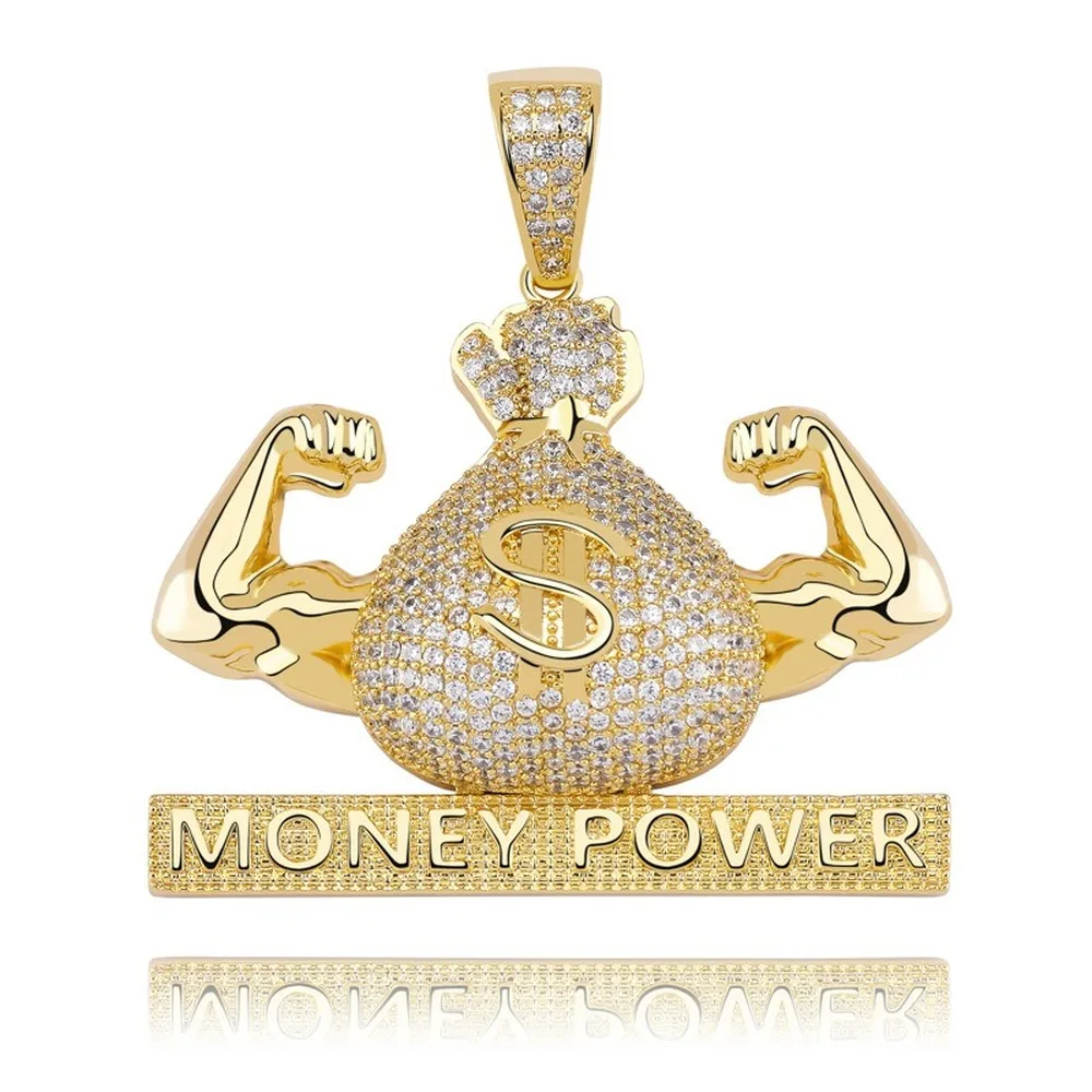 

18K Gold Plated Bling CZ Simulated Diamond Iced Money Poeer Pendant Necklace Hip Hop Chain Jewelry for Men Charm Gifts