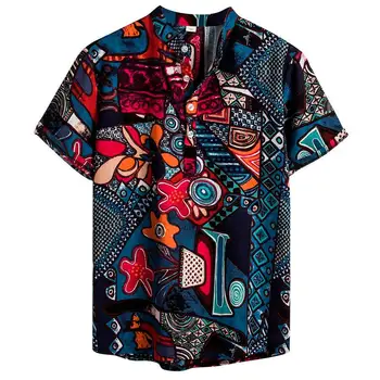 

Men Shirt Cotton Linen Casual Buttons Short Sleeve Print Hawaiian Holiday Shirts Blouse Tops Summer Hemden Herren Chemise Homme