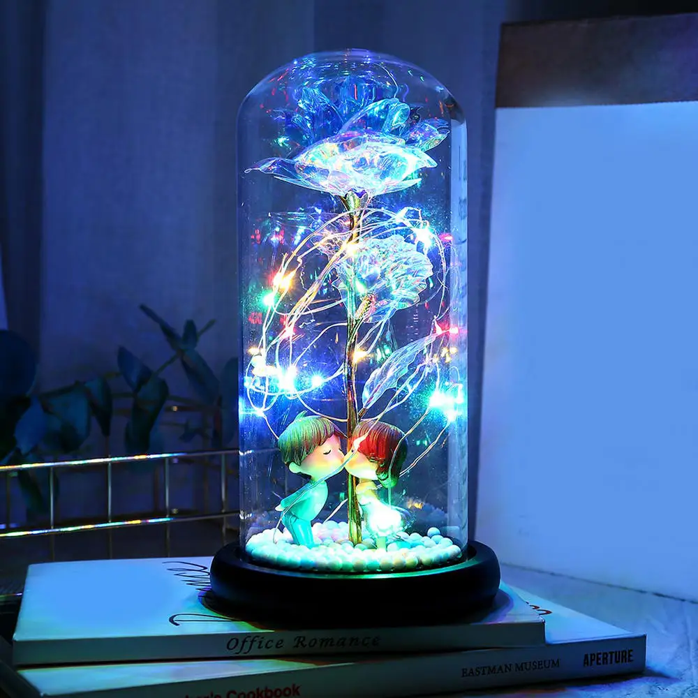 

Kiss In Flask Led Rose Flower Light Black Base Glass Dome For Wedding Valentines Day Gift