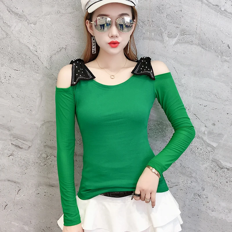 Green tshirt Сексуальная футболка с открытыми плечами, украшенная бабочками и бриллиантами, новинка, осенне-зимний женский Топ с длинным рукавом на спине, Camiseta Mujer T98204 - Цвет: Green tshirt