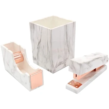 

3Pcs Office Stationery Kit Pen Holder Cup Tape Dispenser Staplers for Office School Home (Rose Gold)