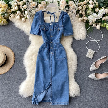 

2020 New Summer Short-sleeve Denim Dress Women Retro Square Collar Breasted Waist Slim Mid-long Split Denim Dress Female NS1963