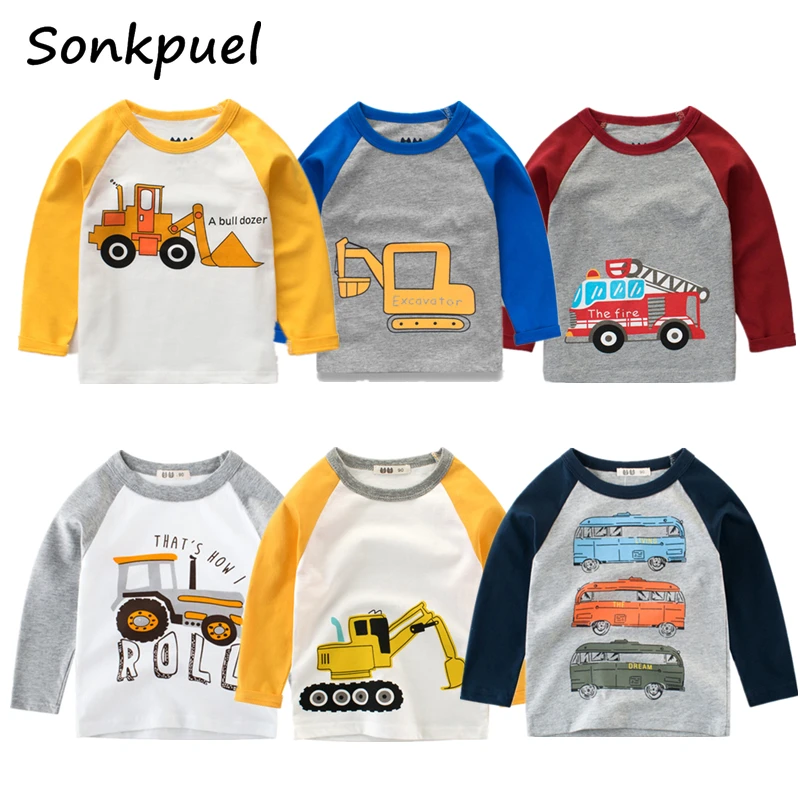 

Kids Boys T-shirts Baby Long Sleeve Excavator Tops Children Autumn Solid Cotton Sweatshirt 2 3 4 5 6 7 8 Years Boy Girl T Shirts