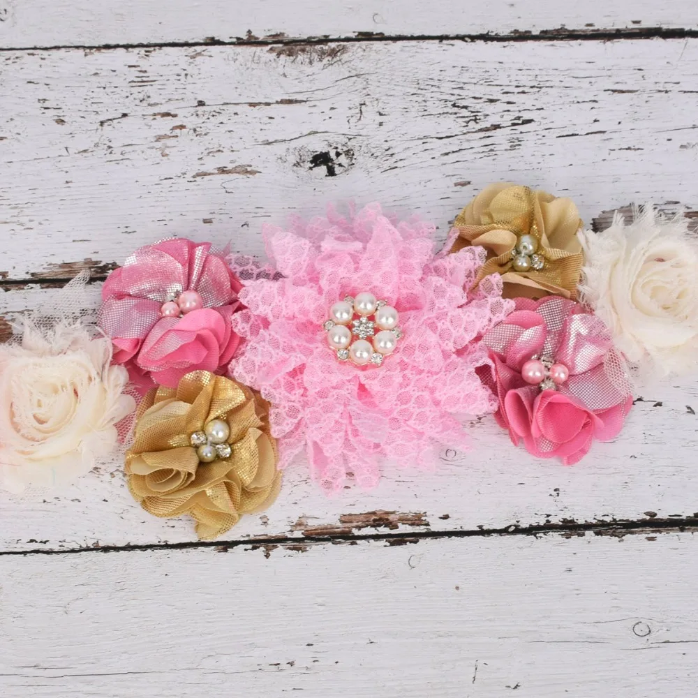 Theeper Pink/Gold Flower Maternity sash Pregnancy Flower belt Baby Shower Belly Belt Photo Prop Flower Girls Belt Wedding Sash
