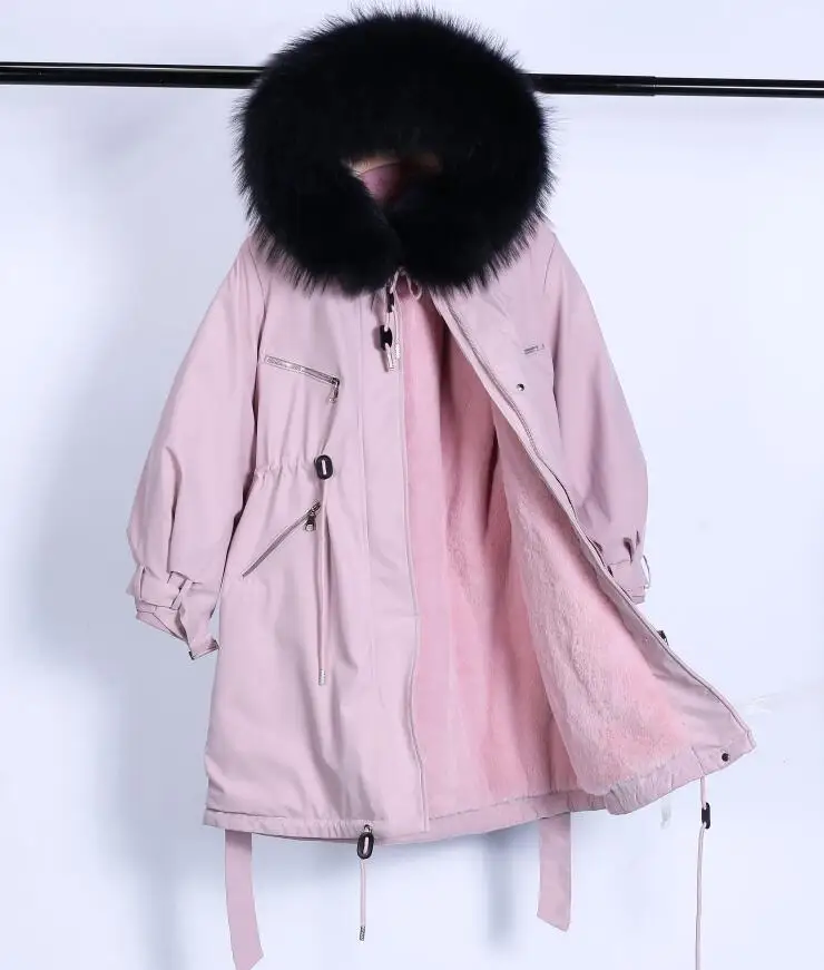 pink color black fur Большой натуральный мех енота зимняя куртка женская с капюшоном Длинные парки для женщин толстый тонкий пуховик Зимнее пальто Женская водонепроницаемая - Цвет: pink color black fur