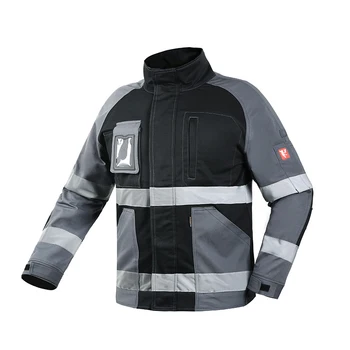 

Bauskydd Work Jacket Men Reflective Stripes Black Gray Stitching Coveralls Outdoor Multi-pockets Safety Workwear