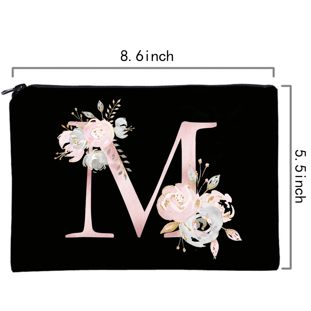 Women's Cosmetic Makeup Bags Female Organizer Pink Flower 26 Letters School Pencil Cases Carrying Bag for Coin Purse