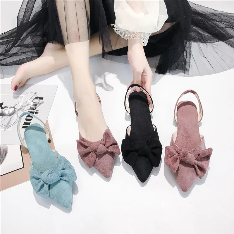 

Liren 2019 Summer Sweet Lady Flat Heels Bow Decoration Sandals Pointed Wrapped Toe Light Style Comfortable Casual Women Shoes