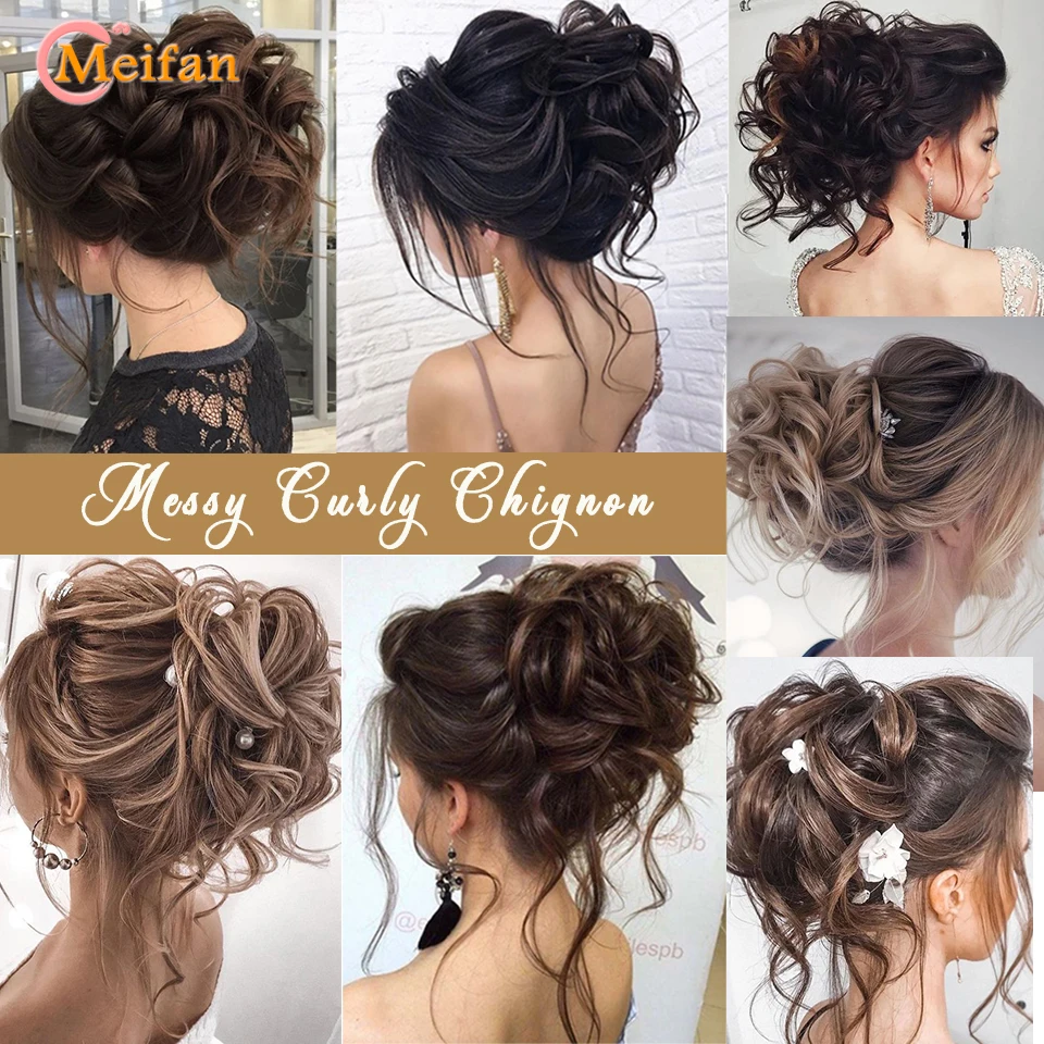 MEIFAN Synthetic Curly Scrunchie Chignon With Rubber Ban Hair Ring Wrap Around on Hair Tail Messy Bun Ponytails Extension hair bun extensions