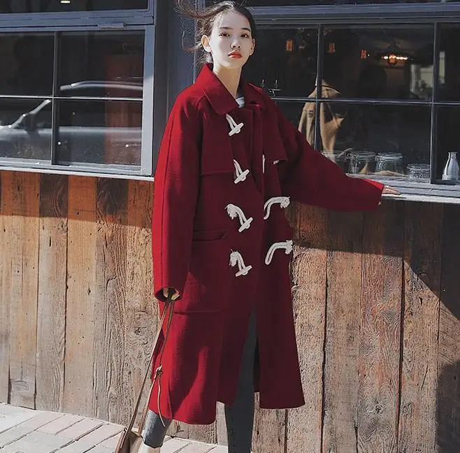 Japan Style Women Horn Buckle Jacket Vintage High Quality Loose Coat Long Girl Coat