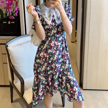 

Runway Designer New Bohemian Retro Print Floral Embroidery Tulle Short Sleeve Dress Women'S Clothing New High Quality Shi