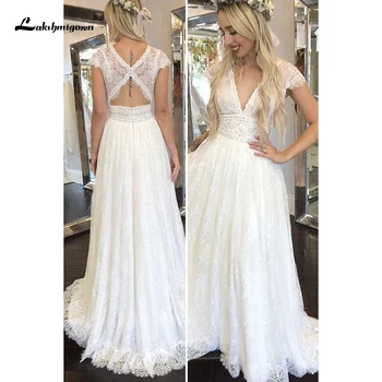 

White Boho Lace Wedding Dresses 2021 for Bride V Neck Cap Sleeves Backless Long A LineBridal Gowns vestido de noiva