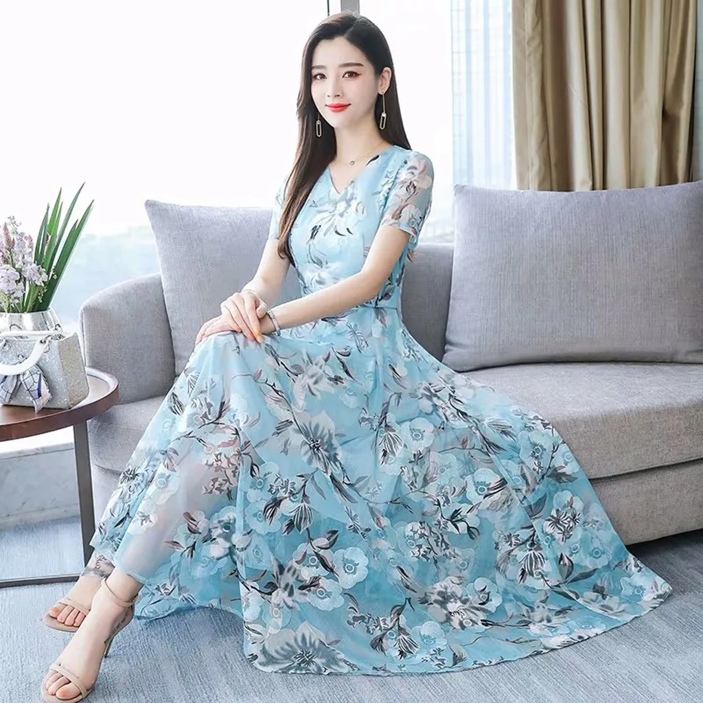 

платье Women Dress V-Neck Mid-Calf Short Sleeve Printing Dress Fashion Summer Beach Printed vestidos de verano ropa mujer