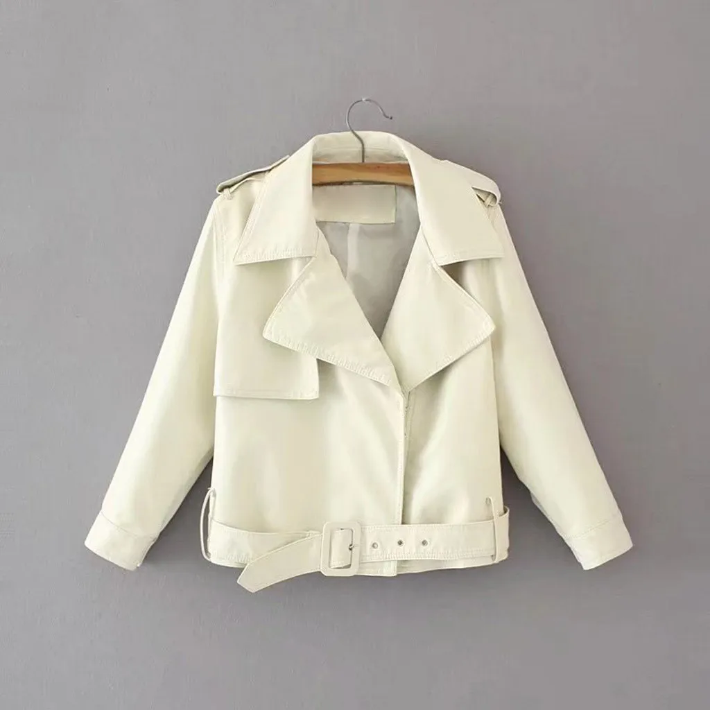 

Women Outerwear Coats Jackets Fashion Plain Color Short Lapel Belt Motorcycle Leather Blouses Coa Outerwear Ladies Tops F40