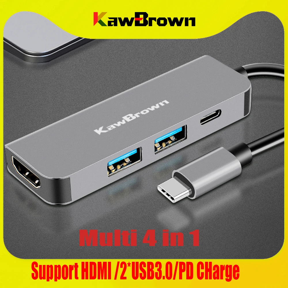 

KawBrown 4 in 1 Multi USB C Docking Station Support Type C to USB 3.0/HDMI 4K/PD Charge for Laptop Macbook xiaomi huawei OTG